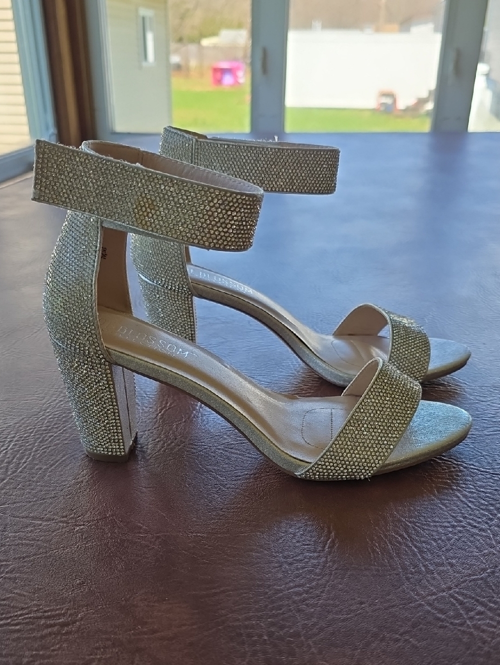 Sparkling Silver Block Heel Sandals with Ankle Strap
